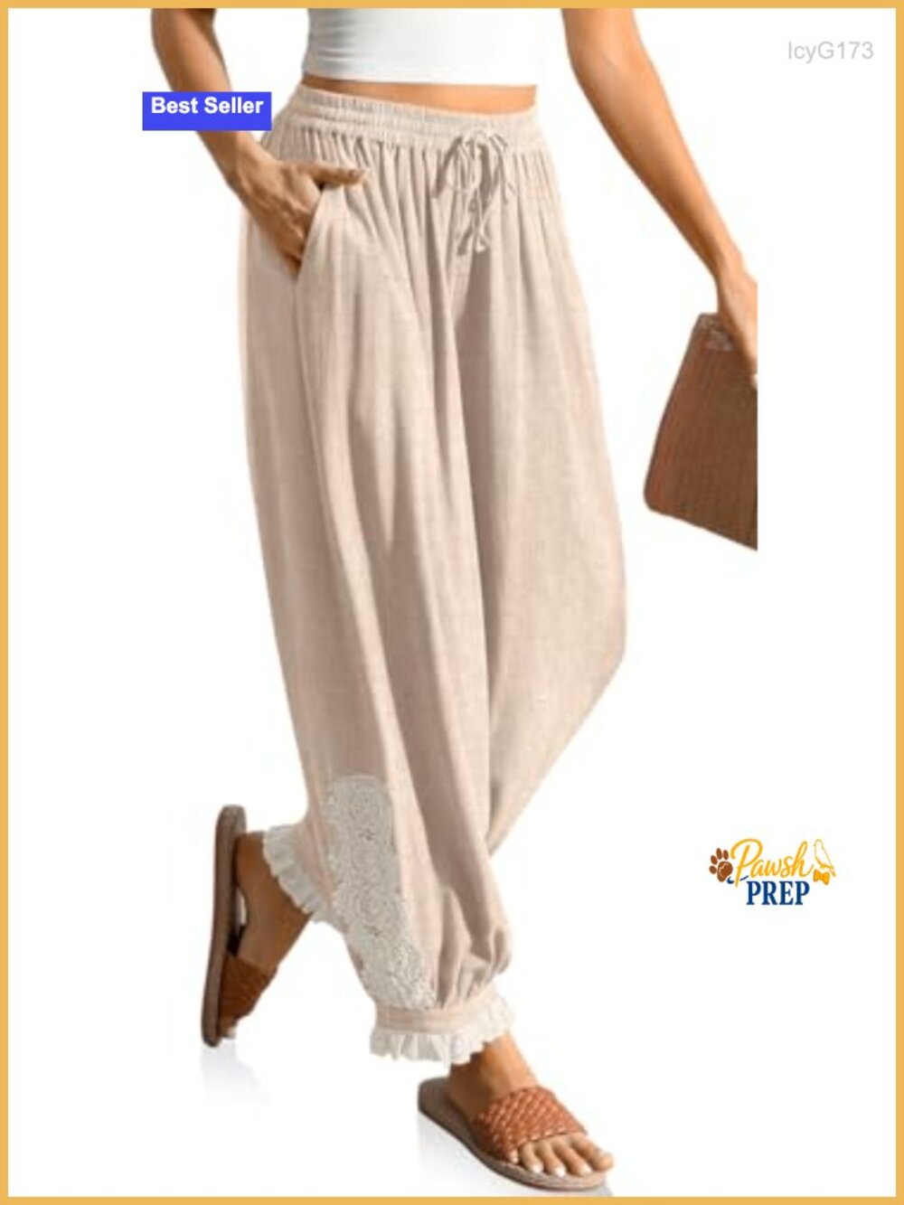 Women's Linen Harem Pants with Lace Trim Casual Boho Cropped